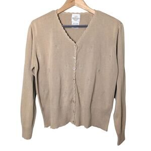 VTG JR Bentley Cottage Brown Embroidered Scallop Edge Button Cardigan Women Sz L
